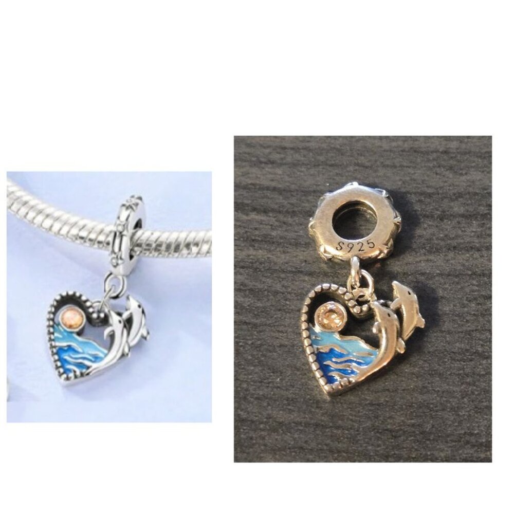 NEW Dolphin Seascape Heartshaped Silver 925 Charm For Pandora Bracelet